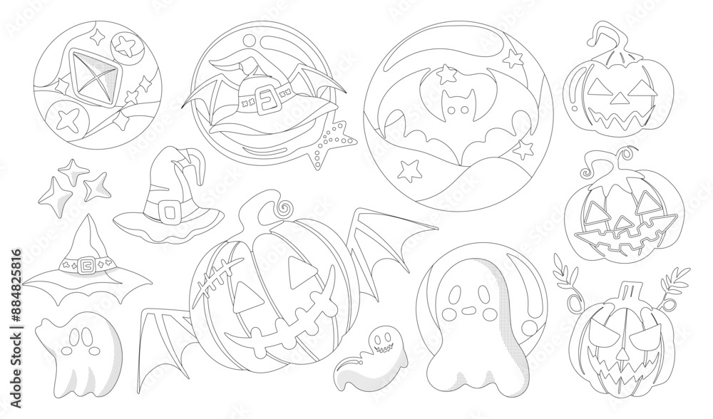 Fototapeta premium Set of isolated Halloween decoration elements for sticker, badge, tag or label in cute graphic illustration style on transparent background, Volume 1: Black outline style.