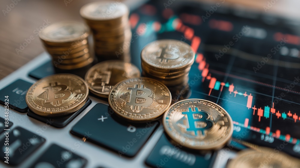 Bitcoin Cryptocurrency on a Laptop Keyboard and Stock Chart Bitcoin Cryptocurrency on a Laptop Keyboard and Stock Chart