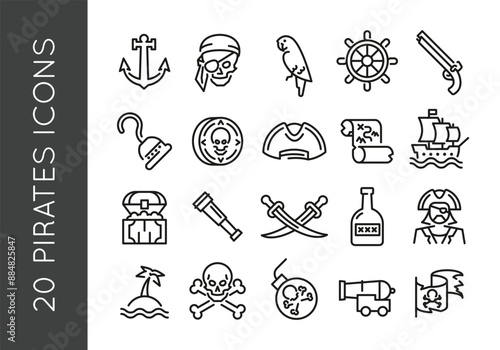 Pirate icons. Set of 20 pirate trendy minimal icons. Example: Anchor, Skull, Parrot, Ship Wheel, Flintlock icon. Design signs for web page, mobile app, packaging design. Vector illustration.
