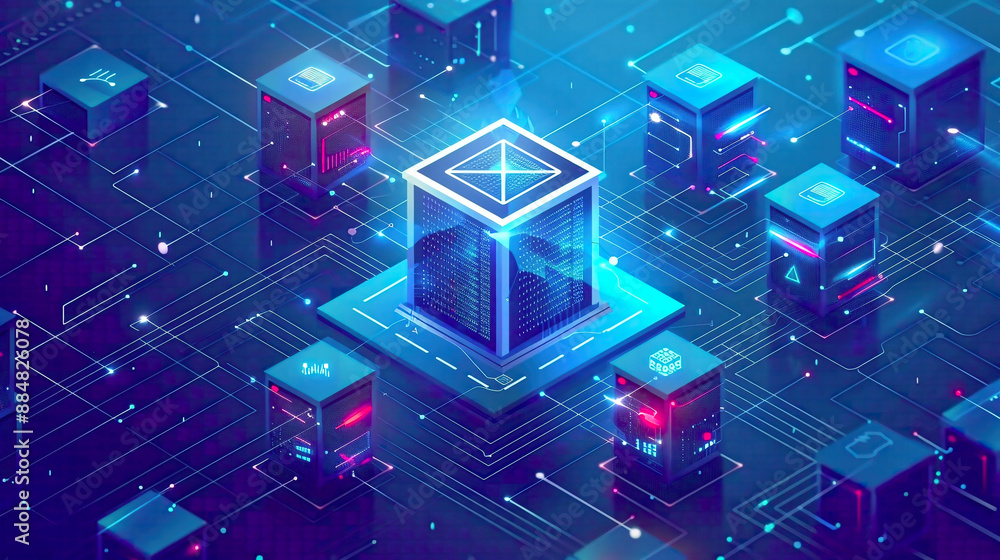 Illustration illustrating network data security in isometric style featuring an online server protection system concept with a datacenter or blockchain 