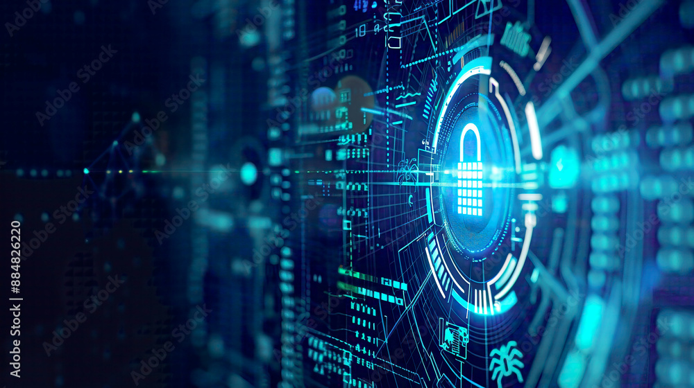 Illustration of cyber security and digital data protection featuring an icon graphic interface displaying secure firewall technology for online data access defense against hackers