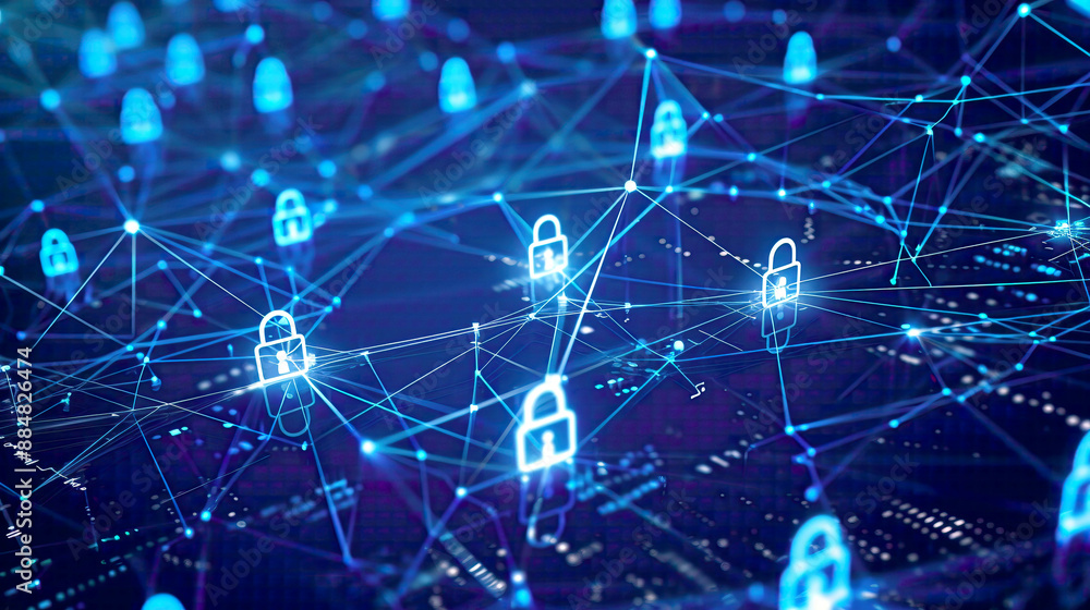 Illustration representing global network security showcasing interconnected nodes and pathways secured with locks and shields Illustration representing global network security showcasing interconnected nodes and pathways secured with locks and shields