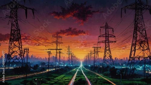 Electrical transmission towers silhouetted against a colorful sunset sky.