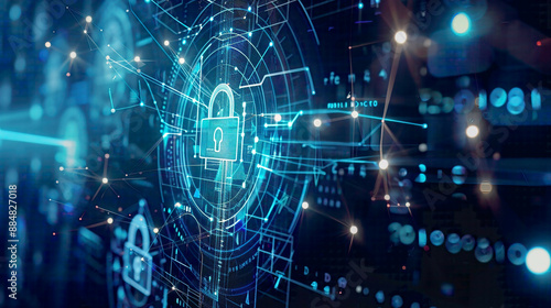 Information protection and cyber security concept lock icon and network connections on a modern digital background blue tones emphasizing safety and technology 