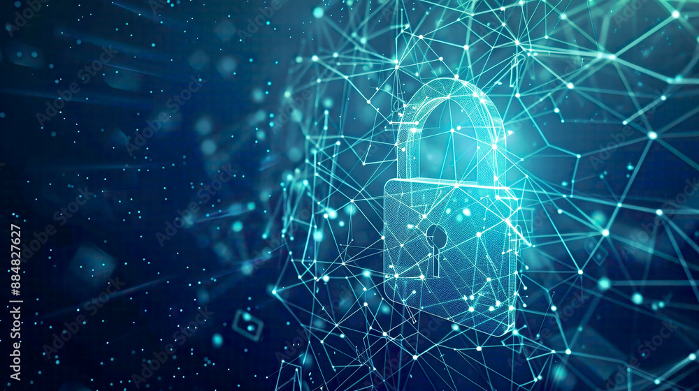 Lock symbol in a digital network made of lines and triangles blue background with glowing points cyber security theme futuristic design Lock symbol in a digital network made of lines and triangles blue background with glowing points cyber security theme futuristic design
