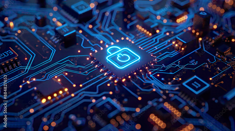 Lock symbol on a circuit board representing internet digital security for business blue tech background with detailed network connections modern design Lock symbol on a circuit board representing internet digital security for business blue tech background with detailed network connections modern design