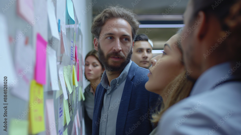 A diverse group of business professionals engaged in a brainstorming session, using whiteboards or digital device A diverse group of business professionals engaged in a brainstorming session, using whiteboards or digital device