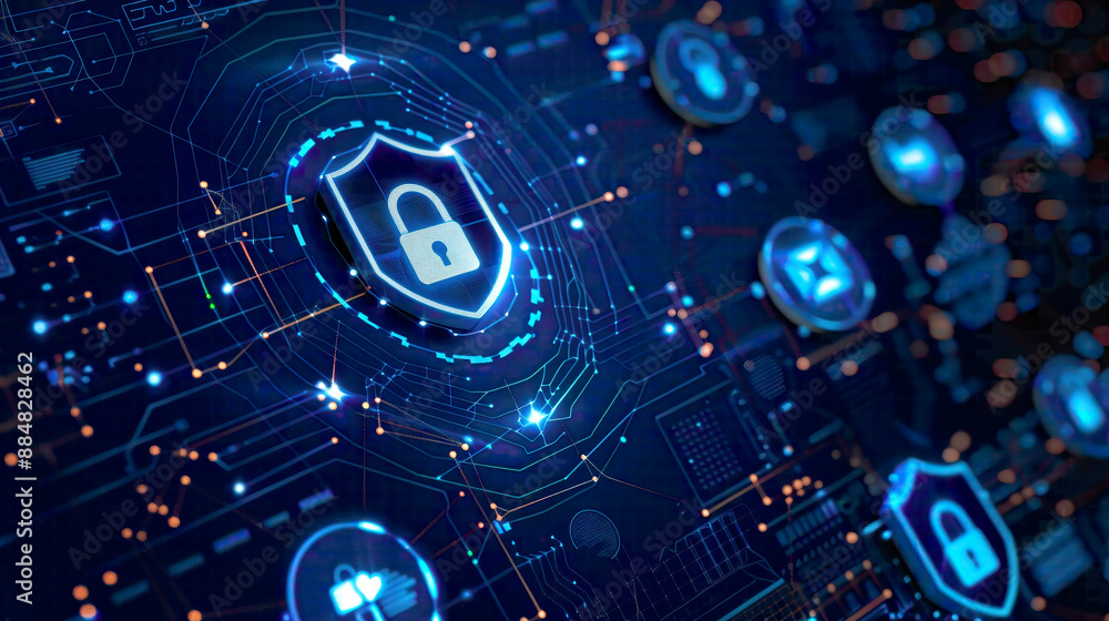 Privacy safety and data protection concept featuring lock and shield icons blue tech-themed background with detailed network elements focusing on security Privacy safety and data protection concept featuring lock and shield icons blue tech-themed background with detailed network elements focusing on security