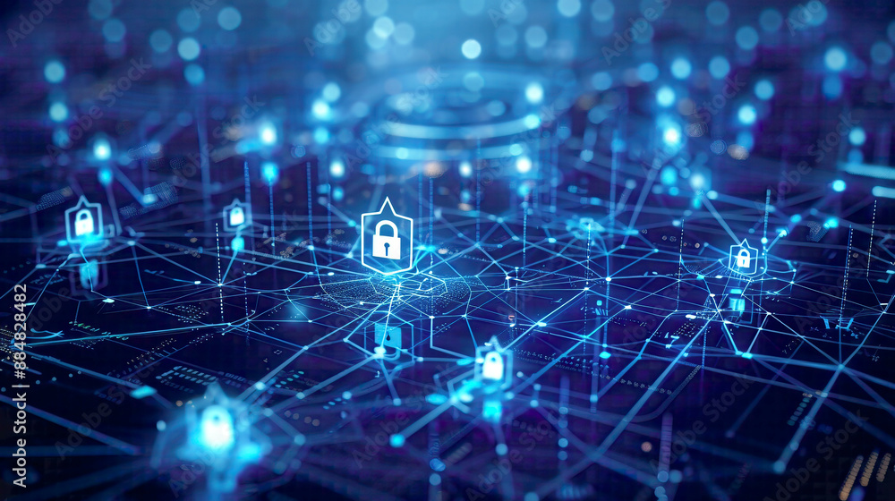 Privacy safety and data protection concept featuring lock and shield icons blue tech-themed background with detailed network elements focusing on security Privacy safety and data protection concept featuring lock and shield icons blue tech-themed background with detailed network elements focusing on security