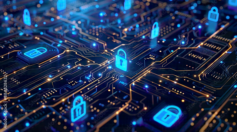 Protection of private information and data with cyber security lock symbols on a blue circuit board firewall against hacker attacks modern tech background Protection of private information and data with cyber security lock symbols on a blue circuit board firewall against hacker attacks modern tech background