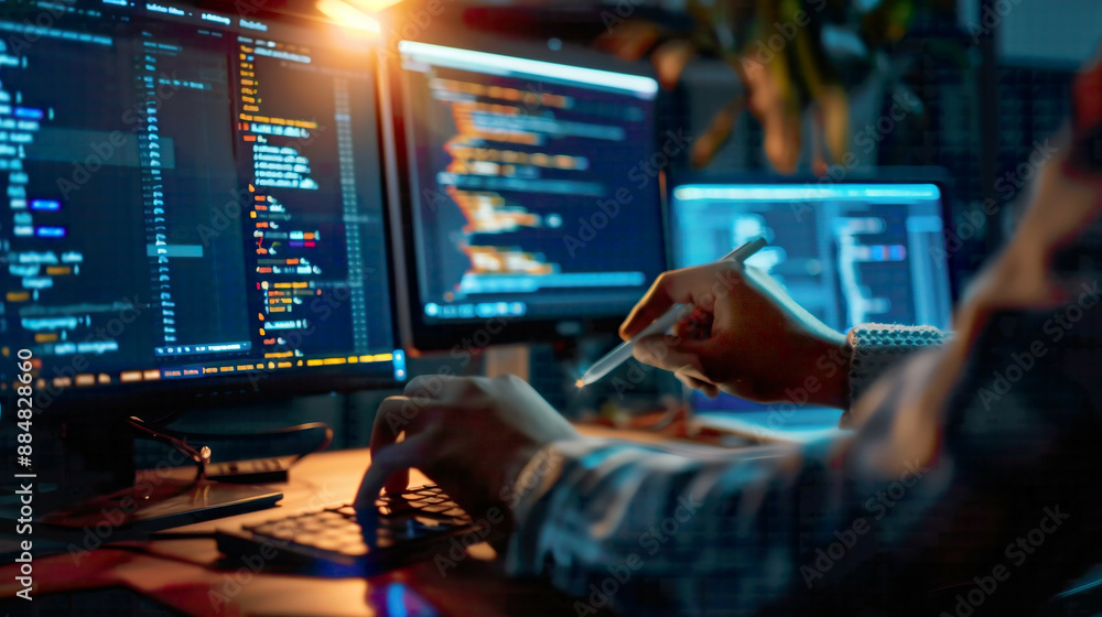 Programming and coding technology with bright light developer working on website design for social world safety cyberspace concept with blue digital theme Programming and coding technology with bright light developer working on website design for social world safety cyberspace concept with blue digital theme