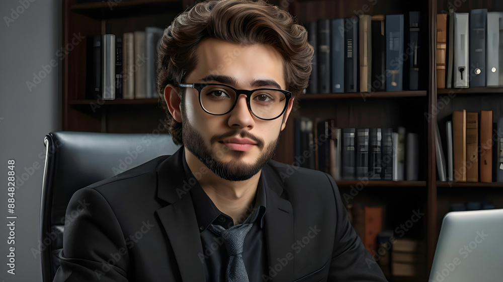Professional 3D Businessman Character in Black Blazer, Sitting at Desk with Laptop, Front View Professional 3D Businessman Character in Black Blazer, Sitting at Desk with Laptop, Front View