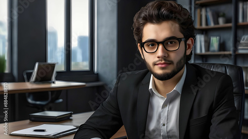 Good-Looking Young Businessman with Short Beard in 3D, Front Shot in Dark Office Background