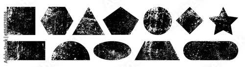 Stamp prints. Rough ink shapes. Vintage letterpress rectangle paint or rustic woodcut triangle. Scratch labels. Postage seals. Distress graphic texture. Geometric frames. Vector signs set