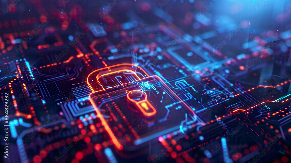 Security lock on a digital display blue networked background modern cyber aesthetics detailed and glowing elements Security lock on a digital display blue networked background modern cyber aesthetics detailed and glowing elements