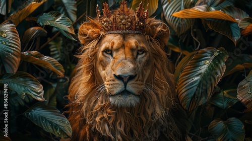 Regal lion with crown in jungle - generative ai photo