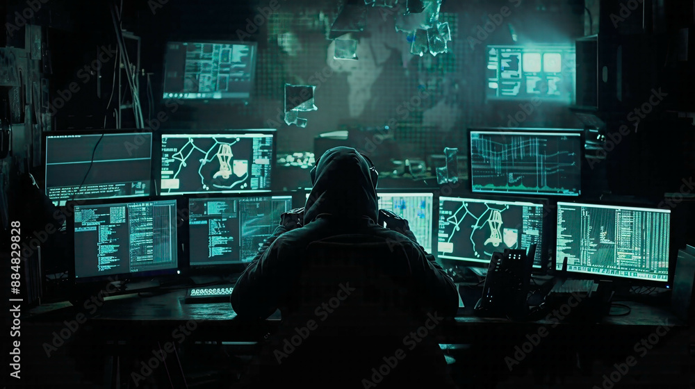 The hacker in a dark room illuminated by multiple computer screens wearing a hood intense atmosphere with code and digital elements on the screens mysterious and tech-savvy setting The hacker in a dark room illuminated by multiple computer screens wearing a hood intense atmosphere with code and digital elements on the screens mysterious and tech-savvy setting