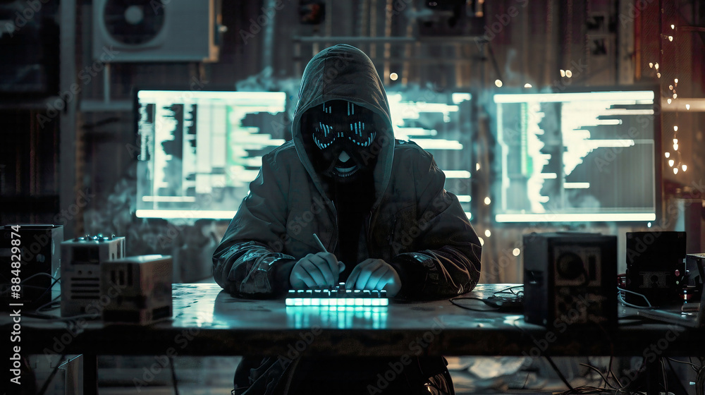 The hacker in a secretive environment illuminated by screens filled with code hooded and focused dark atmosphere with digital elements cyber attack representation The hacker in a secretive environment illuminated by screens filled with code hooded and focused dark atmosphere with digital elements cyber attack representation