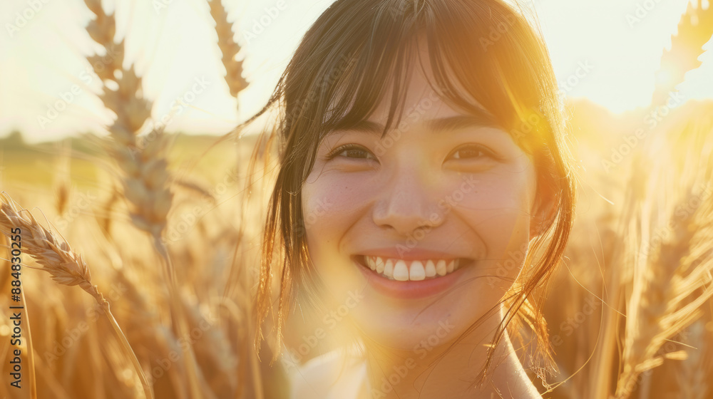 Happy beautiful young smiling Japanese woman smiling portrait outdoor in a wheat field enjoying summertime sunny day in the nature. Asian female with good mental health showing happiness on her face Happy beautiful young smiling Japanese woman smiling portrait outdoor in a wheat field enjoying summertime sunny day in the nature. Asian female with good mental health showing happiness on her face