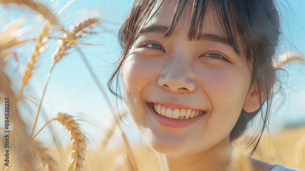 Happy beautiful young smiling Japanese woman smiling portrait outdoor in a wheat field enjoying summertime sunny day in the nature. Asian female with good mental health showing happiness on her face Happy beautiful young smiling Japanese woman smiling portrait outdoor in a wheat field enjoying summertime sunny day in the nature. Asian female with good mental health showing happiness on her face
