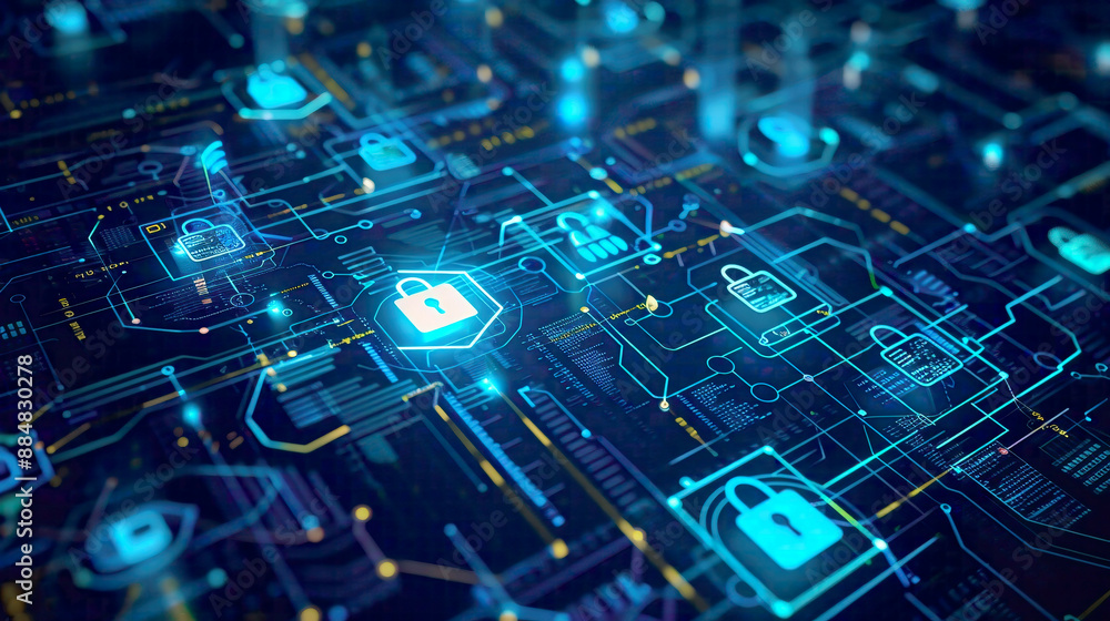 Virtual confidential and programming protection in a secure digital space blue tech background with intricate digital details and secure elements Virtual confidential and programming protection in a secure digital space blue tech background with intricate digital details and secure elements