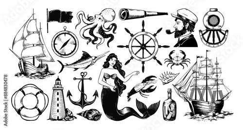 Vintage sailor ship. Sea elements. Ocean lighthouse. Ancient sailing boat with anchor. Trident of Poseidon. Mermaid on waves. Octopus and crab. Navigation compass. Vector marine logo set