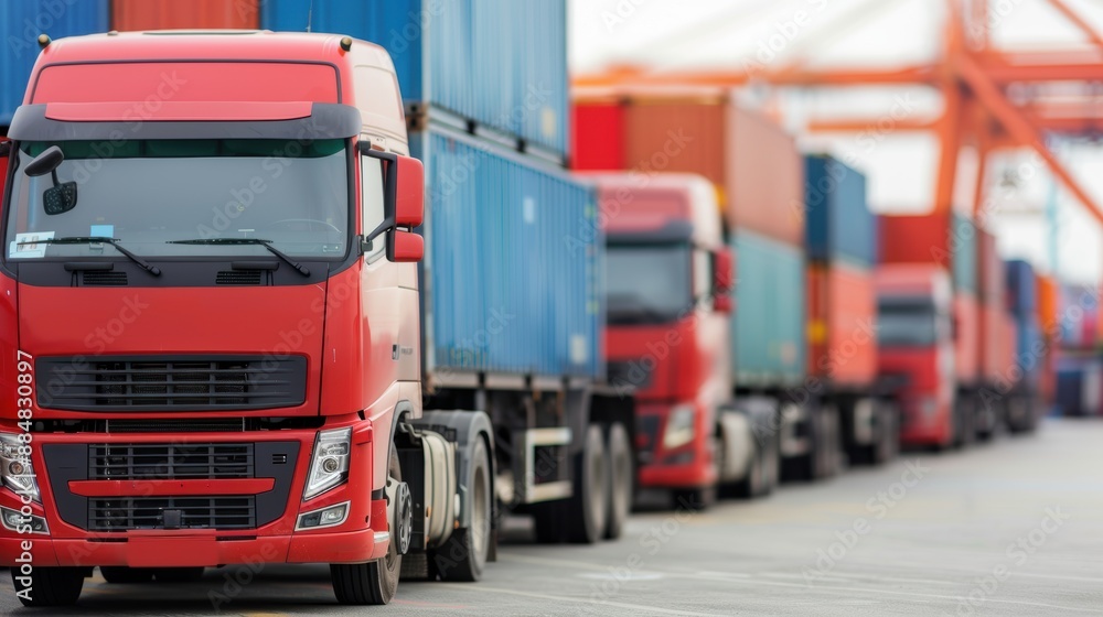 Row of trucks lined up for loading at port, organized transport scene with copy space, covering all objects, deep depth of field. Row of trucks lined up for loading at port, organized transport scene with copy space, covering all objects, deep depth of field.