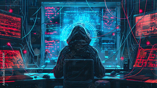 Visual representation of a critical cybersecurity breach as a hooded hacker infiltrates government data servers and infects their system with a virus photo