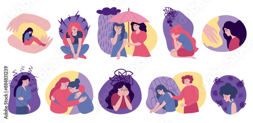 Woman support. Help hand for anxiety girl. Empathy care about addict and stress. Friends compassion. Depression disorder. Despair and frustration. Vector psychological concepts set