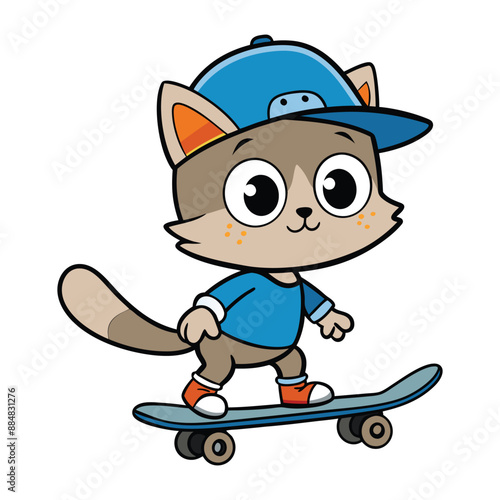 little cat wearing hat playing skateboard in white background isolated.  cat cartoon vector illustration