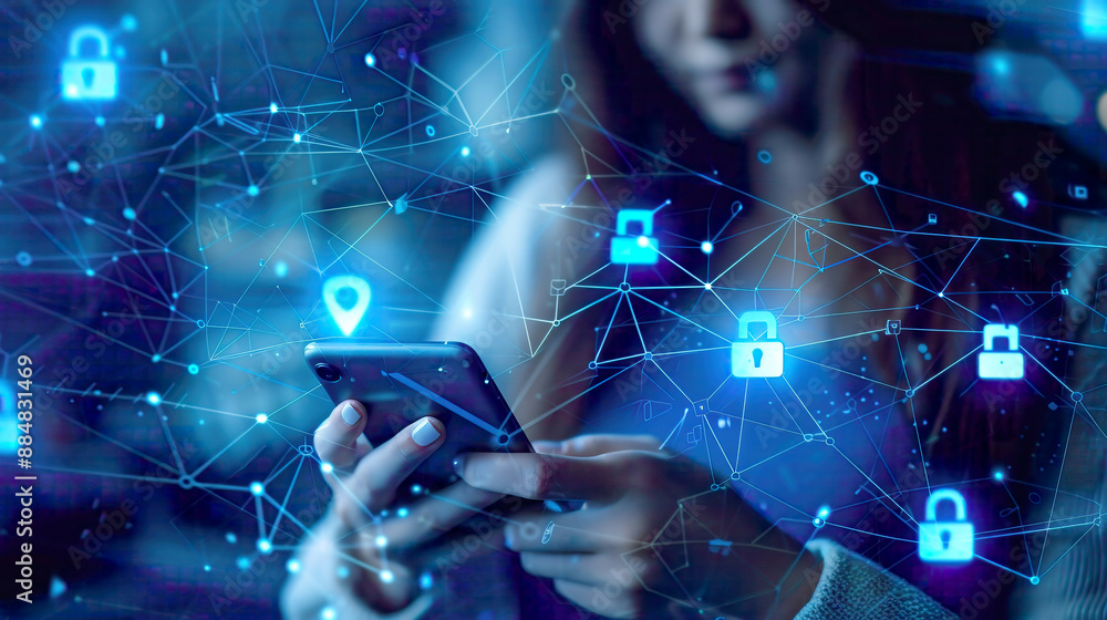 Obraz premium Woman using smartphone and laptop cyber security and personal data protection icons connected device network on a modern