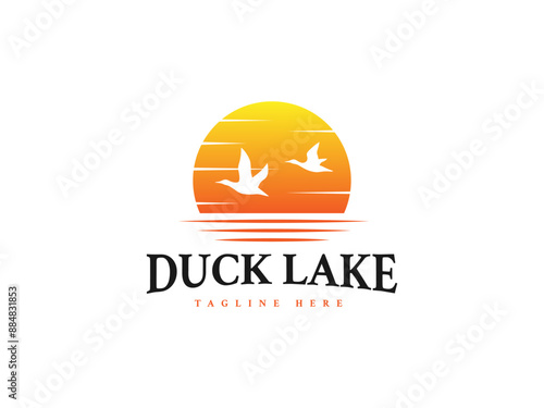 duck lake logo vector illustration. sunset silhouette duck logo template