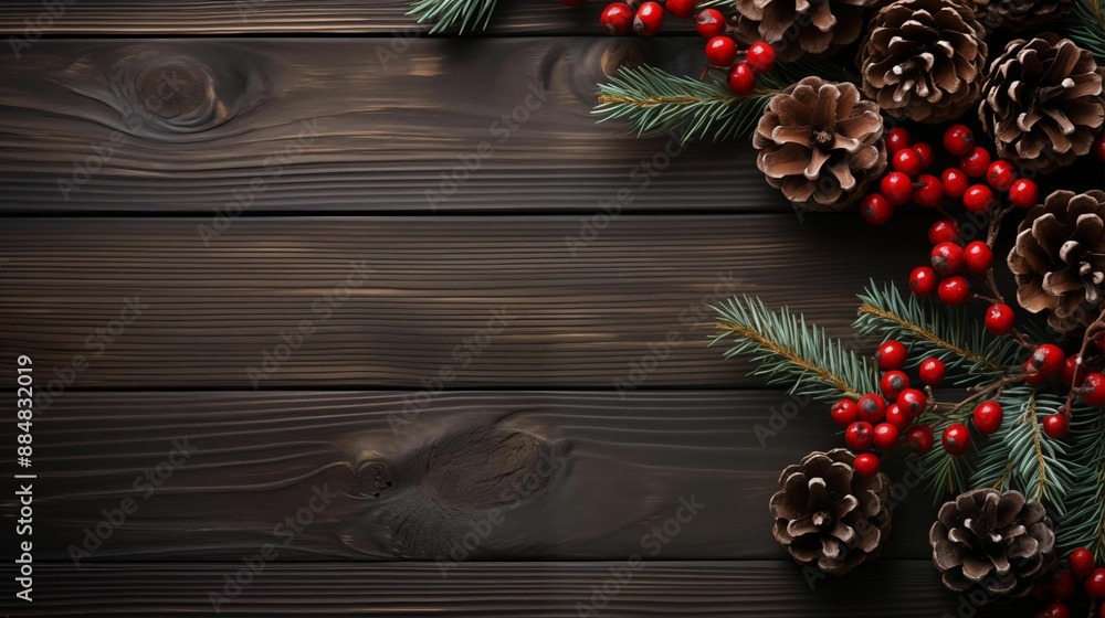 Christmas background with pine cones and red berries on dark wooden table, flat lay. Generative ai Christmas background with pine cones and red berries on dark wooden table, flat lay. Generative ai