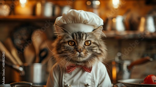 Cat chef in a cozy kitchen - generative ai photo