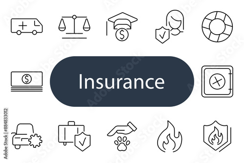 Insurance set icon. Ambulance, scale, graduation, health, lifebuoy, money, car, suitcase, pet, fire, safe, policy, security, protection, finance.