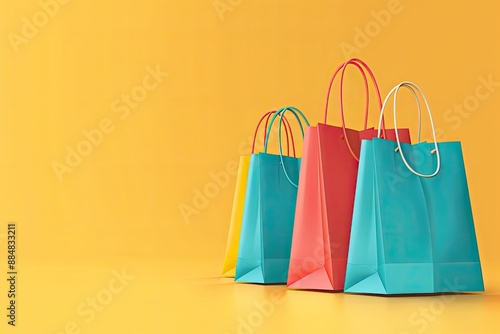 Colorful shopping bags on a yellow background, representing retail, shopping, and consumerism in a vibrant and minimalistic style.