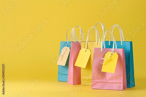 Colorful shopping bags with tags against a vibrant yellow background, ideal for retail and marketing themes in stock photos.