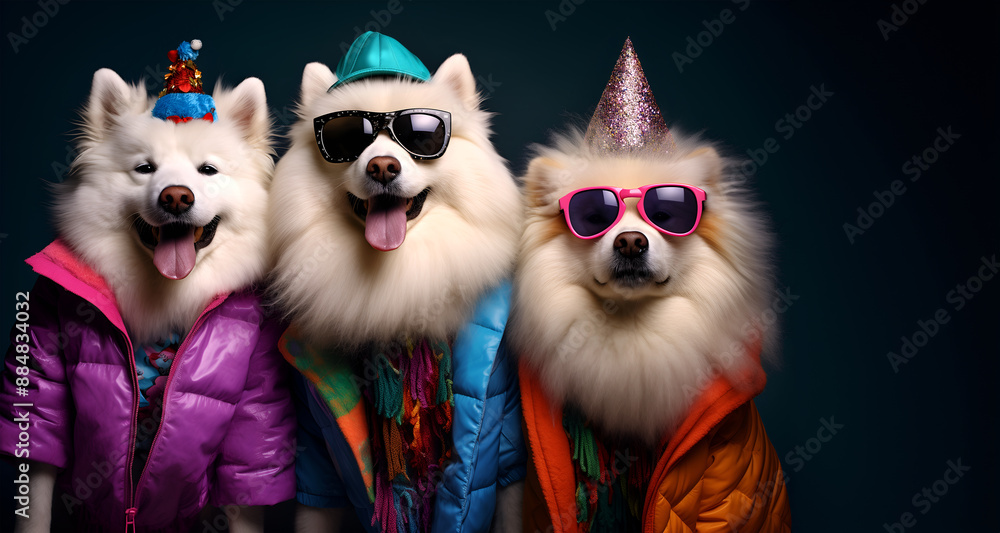 Obraz premium Creative animal concept. Group of Samoyed dog puppy in funky Wacky wild mismatch colourful outfits on bright background advertisement, copy space. birthday party invite invitation banner 