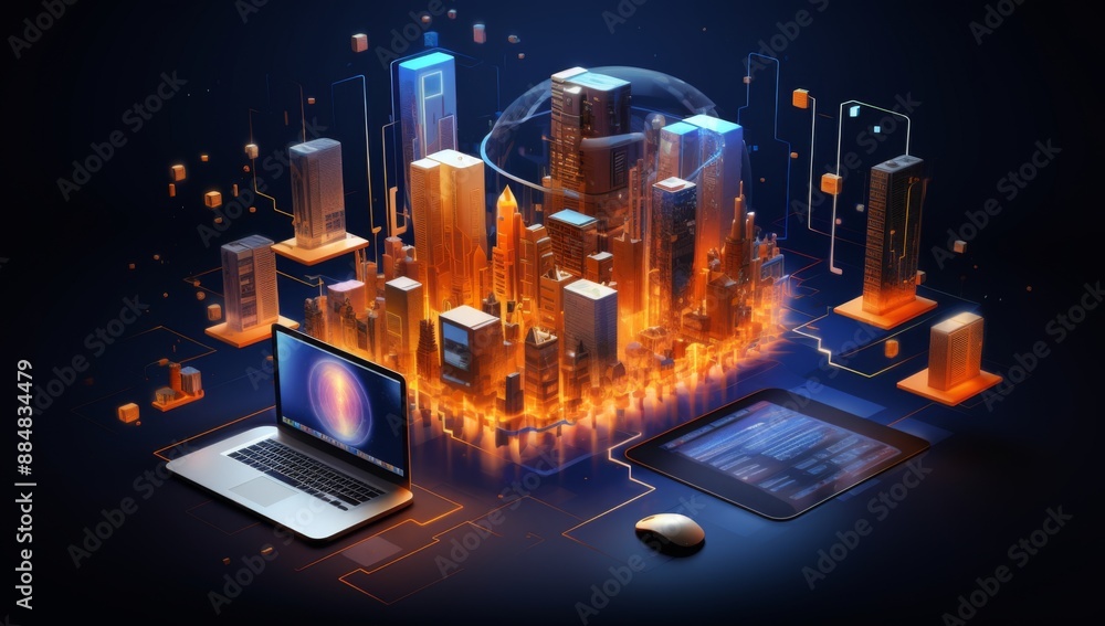 Isometric illustration of business people working on laptops and using digital interfaces, surrounded by various computer screens displaying data or code, all against the backdrop of an abstract techn Isometric illustration of business people working on laptops and using digital interfaces, surrounded by various computer screens displaying data or code, all against the backdrop of an abstract techn