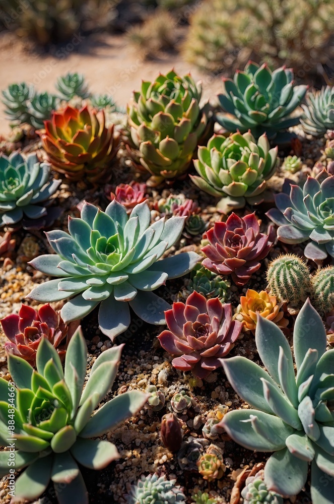 Collection of colorful succulents in a desert landscape. Collection of colorful succulents in a desert landscape.