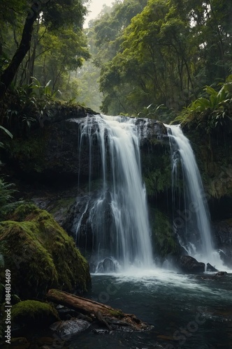 Beautiful views of the waterfall surrounded by dense forest.