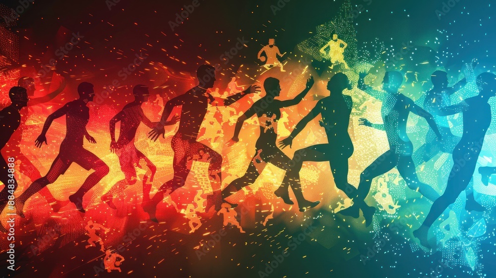 Naklejka premium Silhouettes of Runners in a Digital Glow