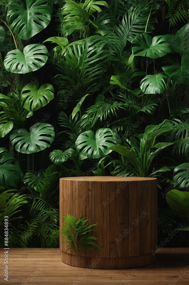 product display background - green jungle leaves wood plinth mock up. product display background - green jungle leaves wood plinth mock up.