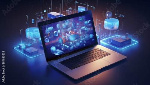 Wallpaper Mural Isometric illustration of business people working on laptops and using digital interfaces, surrounded by various computer screens displaying data or code, all against the backdrop of an abstract techn Torontodigital.ca