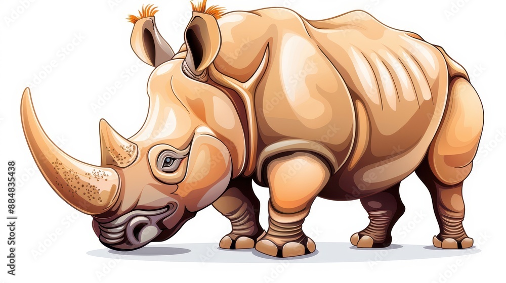 Fototapeta premium Colorful cartoon illustration of a rhino grazing with prominent large horns, depicting its strong and majestic nature.