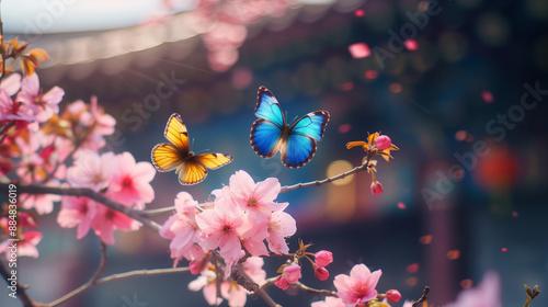 butterfly and flowers, nature, spring, flowers, plant, blossom, yellow, pink, flying, scenery, wildlife, wings, insects
