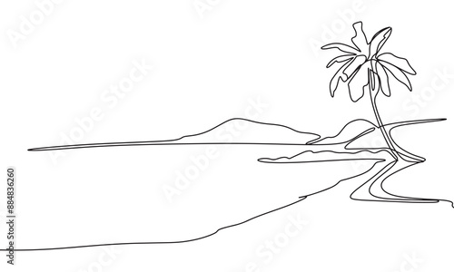Tropical view one line continuous. Line art tropical landscape. Hand drawn vector art.