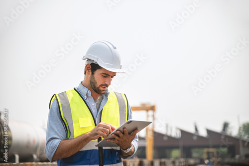 Railway engineer caucasian man are on duty and discussed by using tablet in the job site of train garage.
