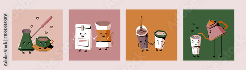 Coffee cup characters. Doodle cafe shop cute faces of mug, retro cappuccino with milk, logo for menu. Geometric style isolated elements. Social media post design. Vector cartoon posters