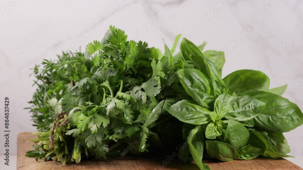 fresh basil leaves cilantro thyme food herbs on wood fresh basil leaves cilantro thyme food herbs on wood